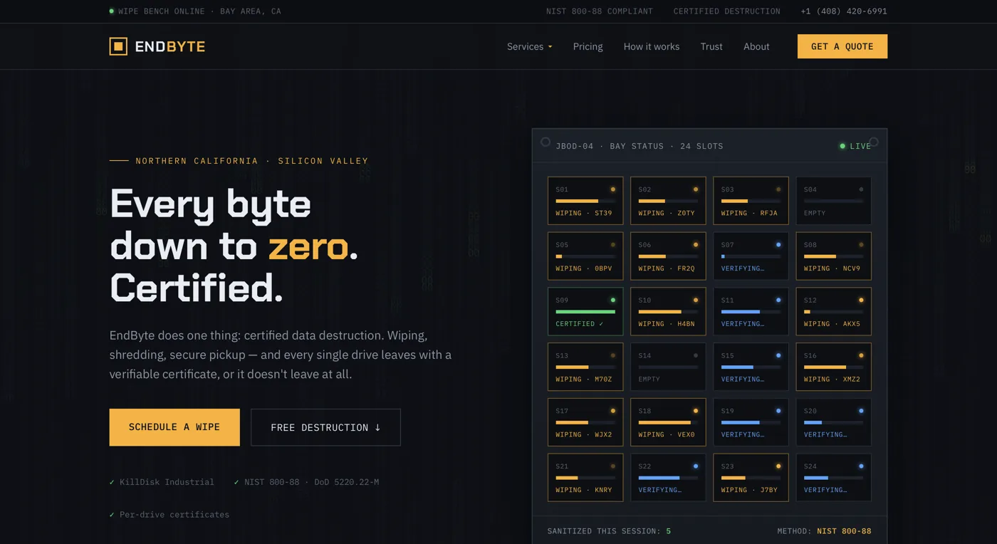 Screenshot of the EndByte homepage: Every byte down to zero. Certified., with a live drive-wipe bay status panel
